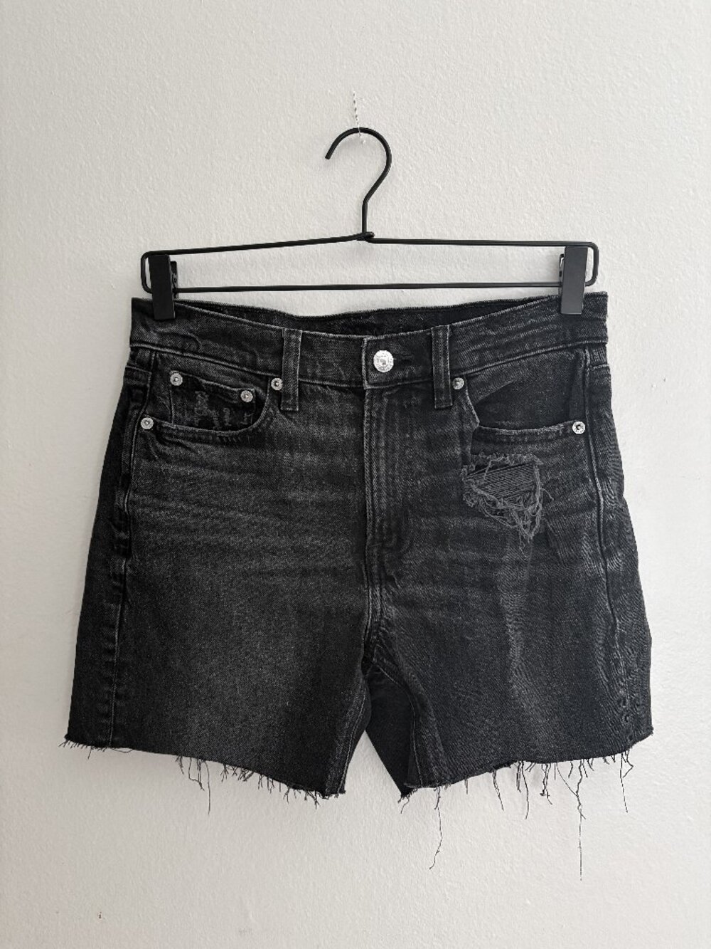 American Eagle Black Denim Shorts | High Rise Distressed Frayed Hem | US 4